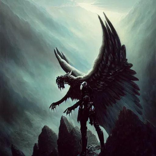 Image similar to painting of a fallen angel paladin with big burnt wings reaching the summit of a haunted mountain, sharp focus, award - winning, trending on artstation, masterpiece, highly detailed, intricate. art by seb mckinnon