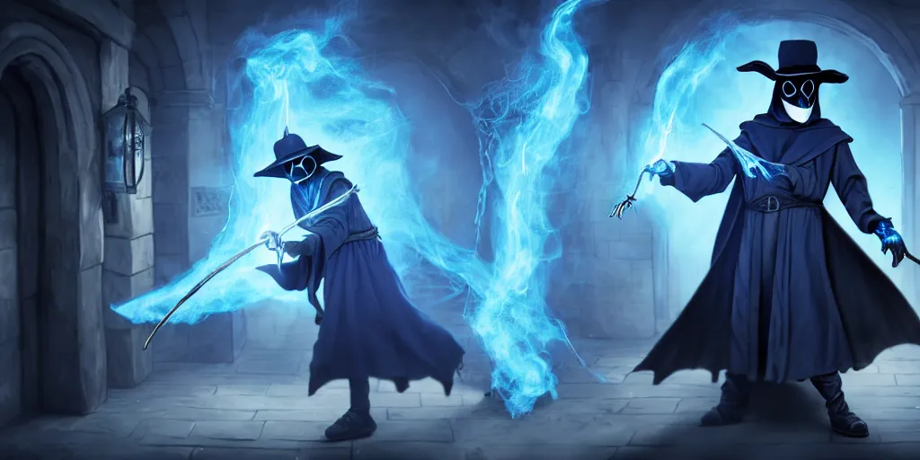 Prompt: action packed scene of a plague doctor in a blue wizard robe who is casting a spell that is coming from his hands he is in an alchemist lab, action pose, medium shot, waist up, digital art, photoreal, 4 k, unreal engine 5, anime, d & d design, gta cover art, comic book art