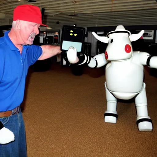 Prompt: fox man who wears hat using fist punching the robot cow.