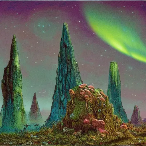 Image similar to an epic concept art, intricate coral, fungal gems, iridescent crystal monoliths, obelisks and an aurora borealis, mossy stumps, cell shading, by moebius, hiroshi yoshida, druillet, colorful, vivid colors