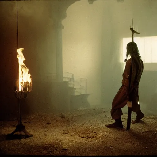 Prompt: a film still of men wearing layered linen of many colors, holding swords, standing in a hazy room with a fire and smoke, dark, moody, very creepy atmosphere, film grain, spider webs, organic matter, bones —width 1024 —height 512 —steps 100