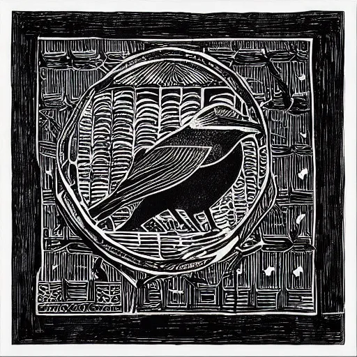 Prompt: crow, smooth clean block print, 4k, black ink on white paper