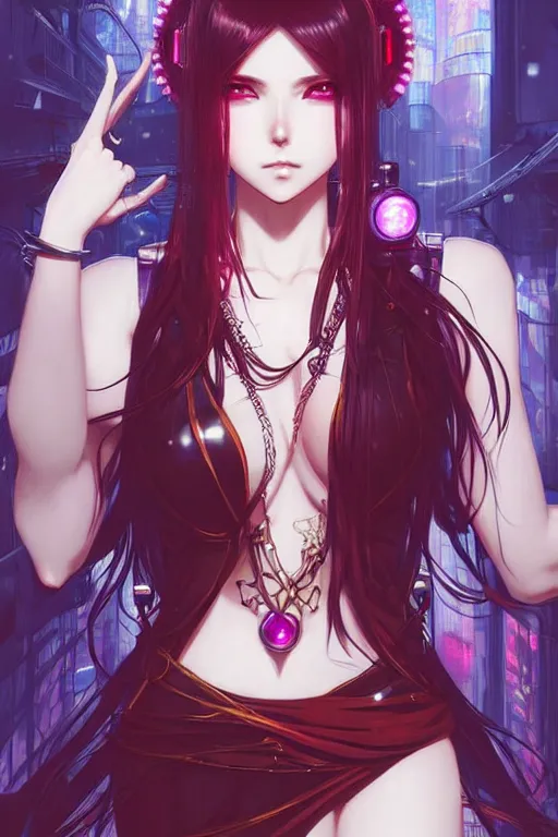 Image similar to ”beautiful anime woman, modern, cyberpunk, fantasy, eerie, intricate details, pixiv, digital painting, artstation, concept art, 8k, art by artgerm and alohonse mucha and eiichiro oda”