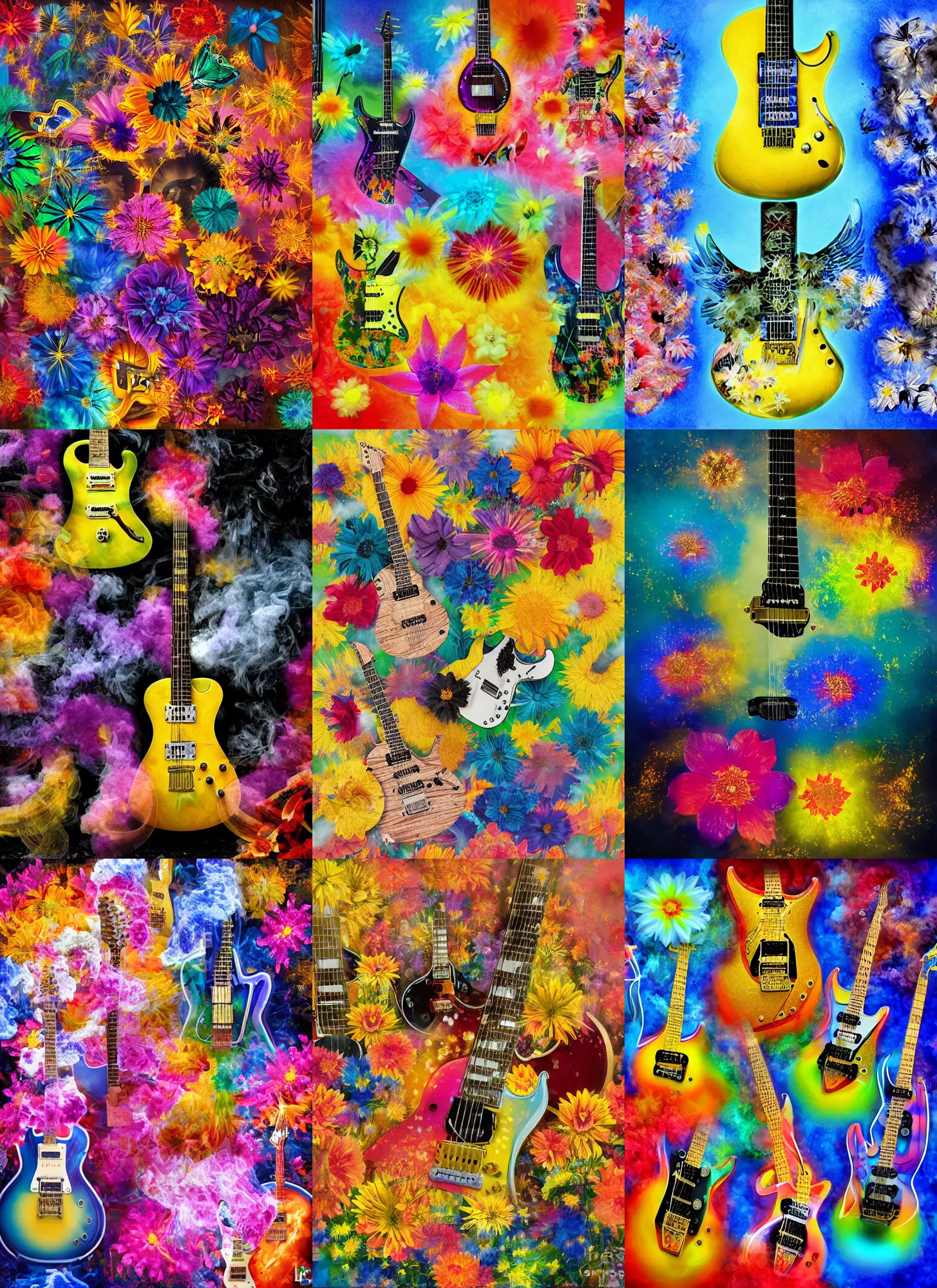 Prompt: multiple prs electric guitars covered in colorful flowers and smoke, golden ratio, rule of thirds, majestic, elegant, by lea leonowicz, by maks trofimov, by jenny brozek, by johannes wessmark