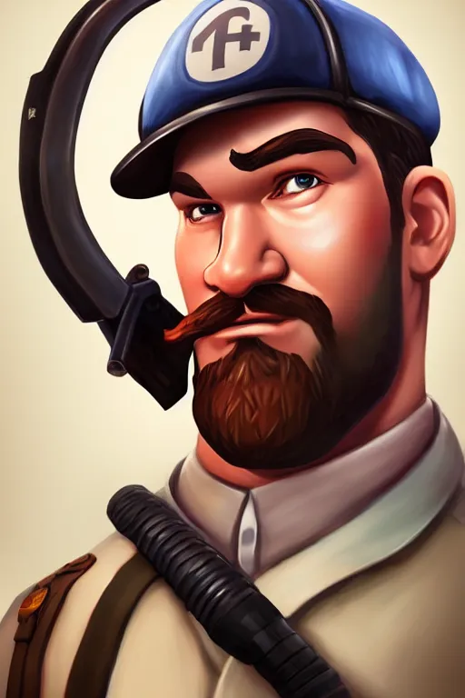 Image similar to beautiful highly detailed realistic stylized character portrait team fortress 2 engineer, detailed character art master portrait, trending on artstation