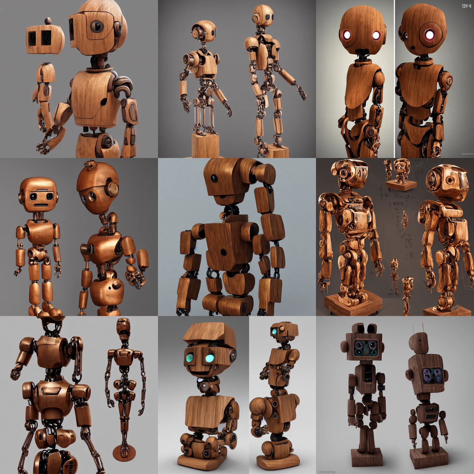 Prompt: 8 k photorealistic a wooden statue on a pedestal cute robot wooden, cyberpunk concept art contemporary art gallery art by shimoda hikari