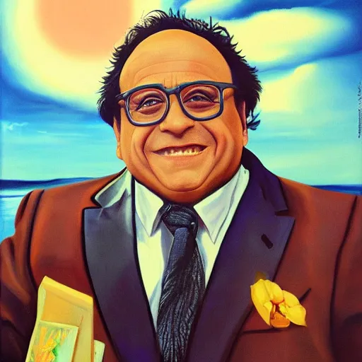 Image similar to a painting of danny devito posing in a scenic environment by hirohiko araki, jojos bizarre adventure, trending on artstation