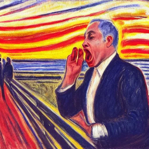 Image similar to portrait of benjamin netanyahu screaming on a bridge, hands on face, sunset, by edvard munch