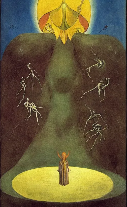 Image similar to omnipotent sorcerer, tarot card, beautiful frames, leonora carrington moebius hieronymus bosch max ernst dali zdzisaw beksinski roland topor henryk plociennik