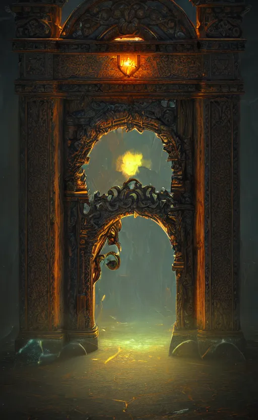 Prompt: a ornamental gate into hell, ornament, intarsia, portal, doorway, dynamic lighting, ambient lighting, atmospherical, photorealistic fantasy concept art, trending on art station, stunning visuals, creative, cinematic, ultra detailed