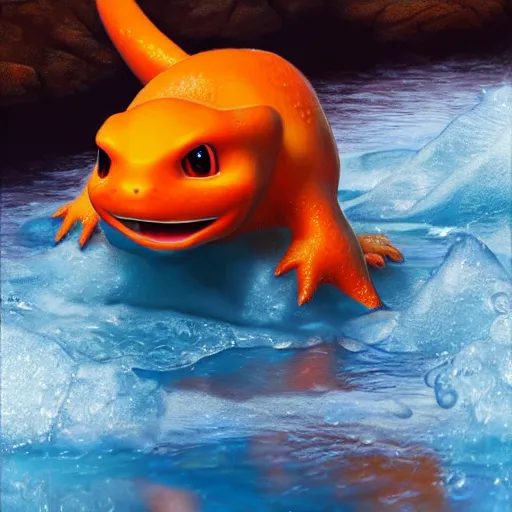 Prompt: a charmander made of water, ultra realistic, concept art, intricate details, highly detailed, photorealistic, octane render, 8 k, unreal engine, art by boris vallejo