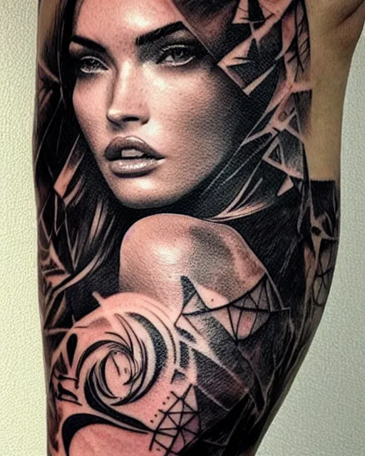 Image similar to creative double exposure effect tattoo design sketch of megan fox with beautiful mountains, realism tattoo, in the style of matteo pasqualin, amazing detail, sharp