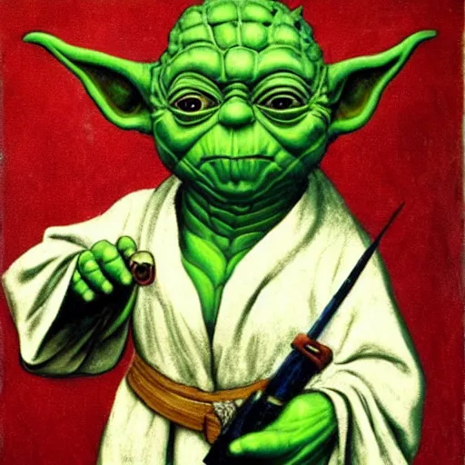 Prompt: a 1500s painting of yoda wearing shades holding a giant pistol
