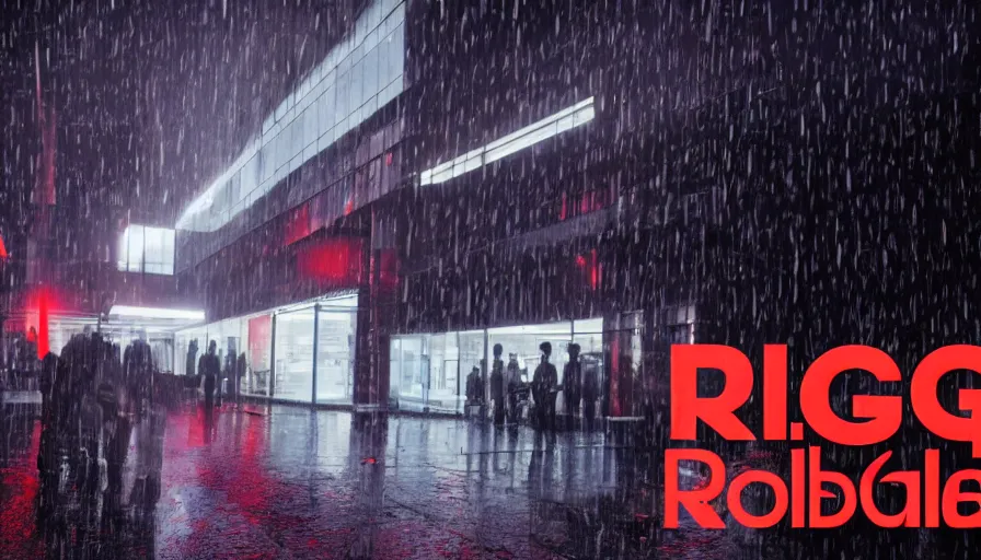 Image similar to big budget action movie about the exterior of a robotics corporation, night, raining, glowing red logo.