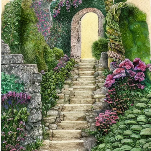 Prompt: delicate stone walls coastline garden on paper, spirals, stony, floating, puffy, vines, botanical herbarium, botanic watercolors, iridescent, 8 k wide angle, realistic shaded, fine details, artstation, italian, rainbow, colonnade, oak, pinecone, pomegranade, vines, gardena architecture, pompeian, sicilian