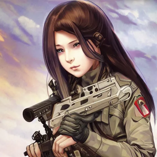 Image similar to soldier girl, trading card front, anime style, long hair, hair down, symmetrical facial features, from girls frontline, hyper realistic, pale skin, 4k, rule of thirds, extreme detail, detailed drawing, trending artstation, hd, fantasy, D&D, realistic lighting, by Alphonse Mucha, Greg Rutkowski, sharp focus, backlit, full soldier clothing