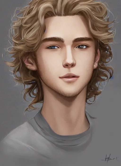 Image similar to young man with medium - length, curly, golden hair, perfectly proportioned face, aquamarine eyes, sweet smile, natural lighting, path traced, highly detailed, high quality, cartoon, digital painting, by new haicheng and studio ghibli