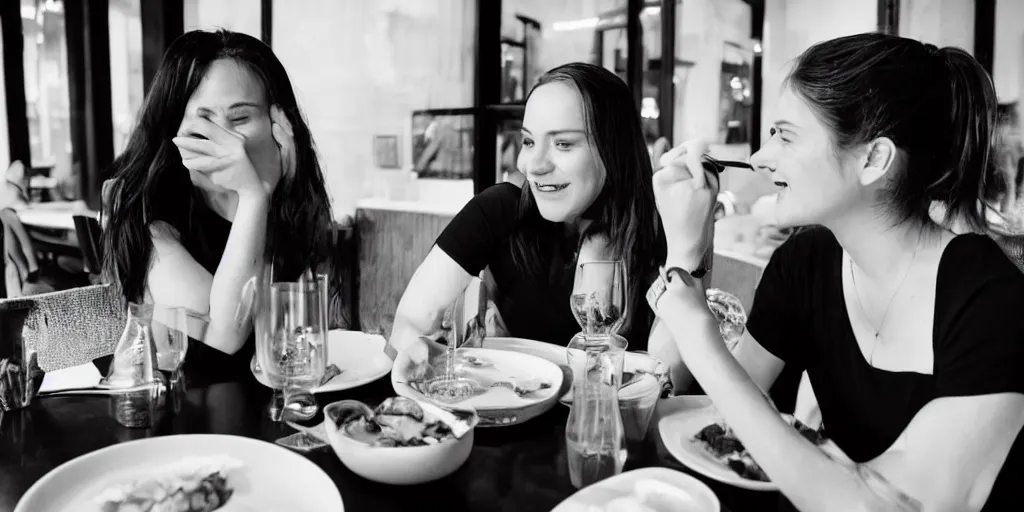 Image similar to b & w photo of two beautiful woman having dinner,