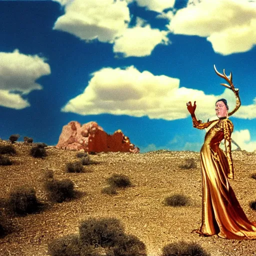 Image similar to salvador dali wearing a golden costume with jewels and antlers, in a dry rocky desert landscape, visible sky and sunny atmosphere, film still from the movie by alejandro jodorowsky with cinematogrophy of christopher doyle and art direction by hans giger, anamorphic lens, kodakchrome, very detailed photo, 8 k