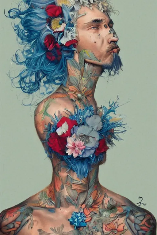 Image similar to a painting of a man with blue hair and flowers on his chest, a surrealist painting by james jean, trending on cgsociety, pop surrealism, androgynous, grotesque, angular