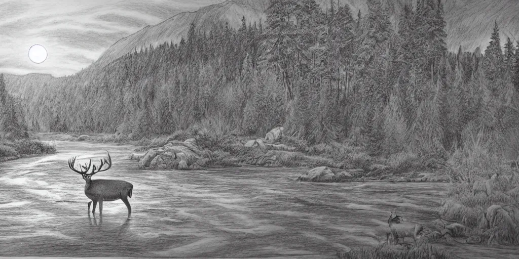 Prompt: A majestic landscape featuring a river, mountains and a forest. In the middle there is a deer with very big horns and he is staring at the sunset. Cinematic, very beautiful, pencil drawing