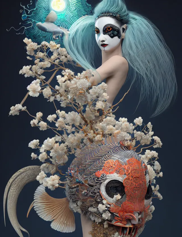 Image similar to 3 d goddess bottom - up with ram skull. beautiful intricately detailed japanese crow kitsune mask and clasical japanese kimono. betta fish, jellyfish phoenix, bio luminescent, plasma, ice, water, wind, creature, artwork by tooth wu and wlop and beeple and greg rutkowski