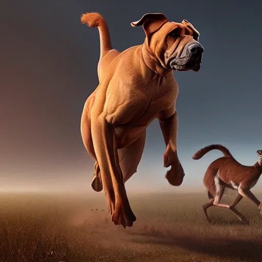 Prompt: - w 1 0 2 4 a boerboel mastiff running, chasing a kangaroo, detailed, intricate, by jessica rossier