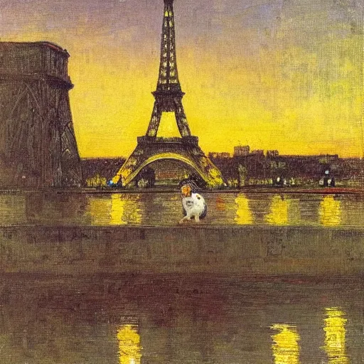 Image similar to A guinea pig in Paris at night, eiffel tower visible in the background, bridge across Seine visible in background, in the style of Ilya Repin