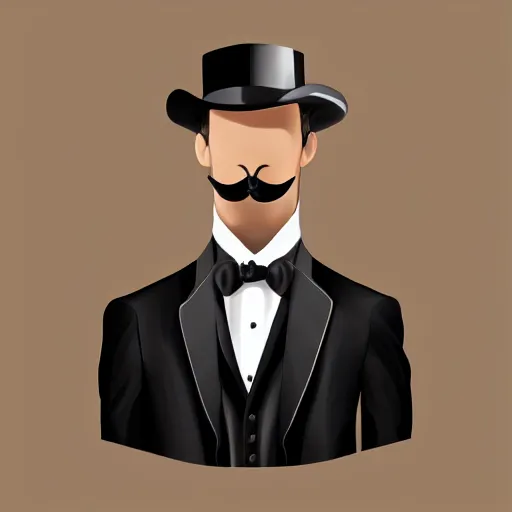 Image similar to Portrait of a man with brown hair and a brown mustache in black suit and black top hat, studio lighting, Sigma 85 mm f/1.4., digital painting, vector art, trending on artstation, sharp shadows