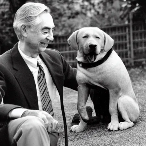 Prompt: Fred Rogers petting a golden lab dog, 4k, award winning photo