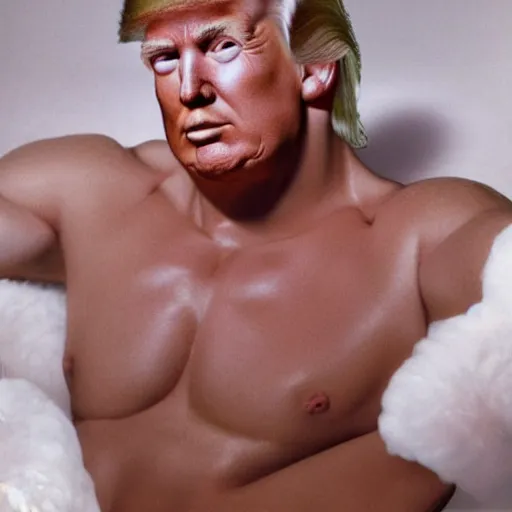 Image similar to hyper realistic photo of donald trump as a playboy model, proportional body