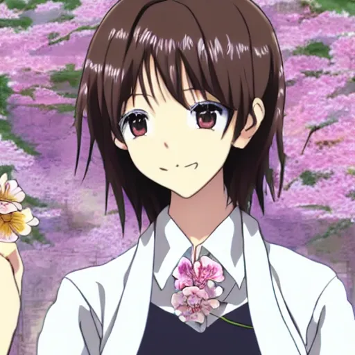 Image similar to Detailed anime key visual of a beautiful Japanese woman with short brown hair, shoulder-length; wearing a white shirt with a floral pattern; Official media