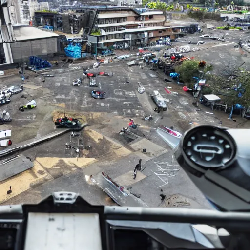 Prompt: a cockpit view from a mech, overlooking an urban battle