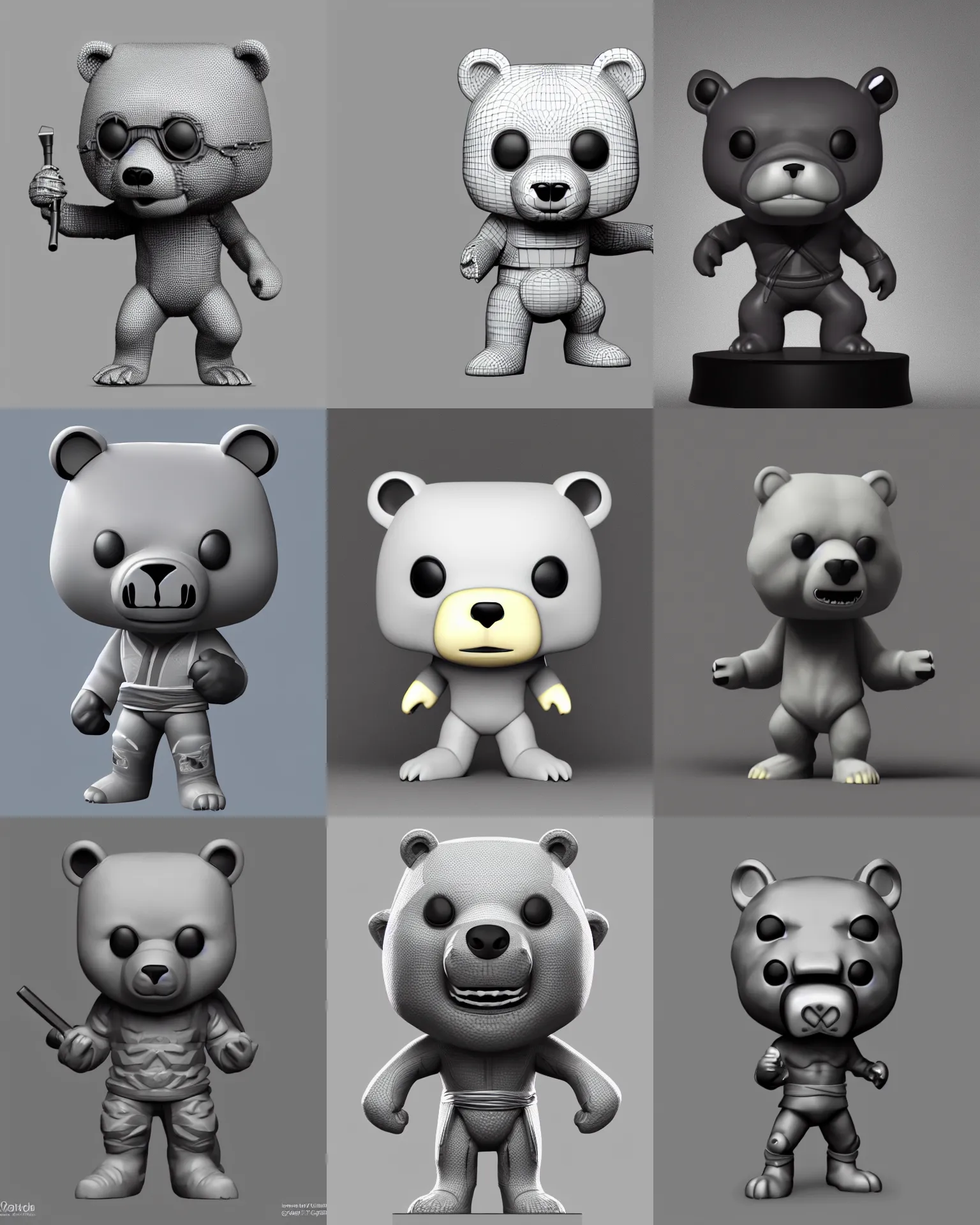 Prompt: full body 3 d render of ninja bear as a funko pop!, studio lighting, grey background, no shadow, blender, trending on artstation, 8 k, highly detailed