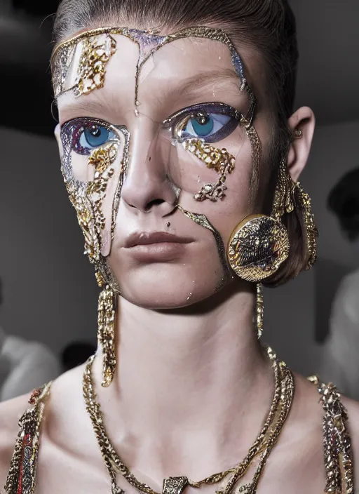 Image similar to A beautiful portrait of Kendra Spears as a model at louis vuitton fashion show Paris Spring/Summer 2018, highly detailed, in the style of cinematic, fashion week backstage, makeup by Pat Mcgrath, shot by Greg rutkowski