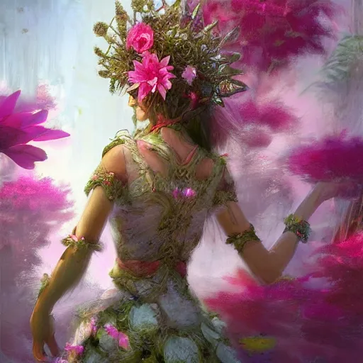 Image similar to Lotus floral crown girl, pink Lotus queen, epic fantasy style art by Craig Mullins, fantasy epic digital art