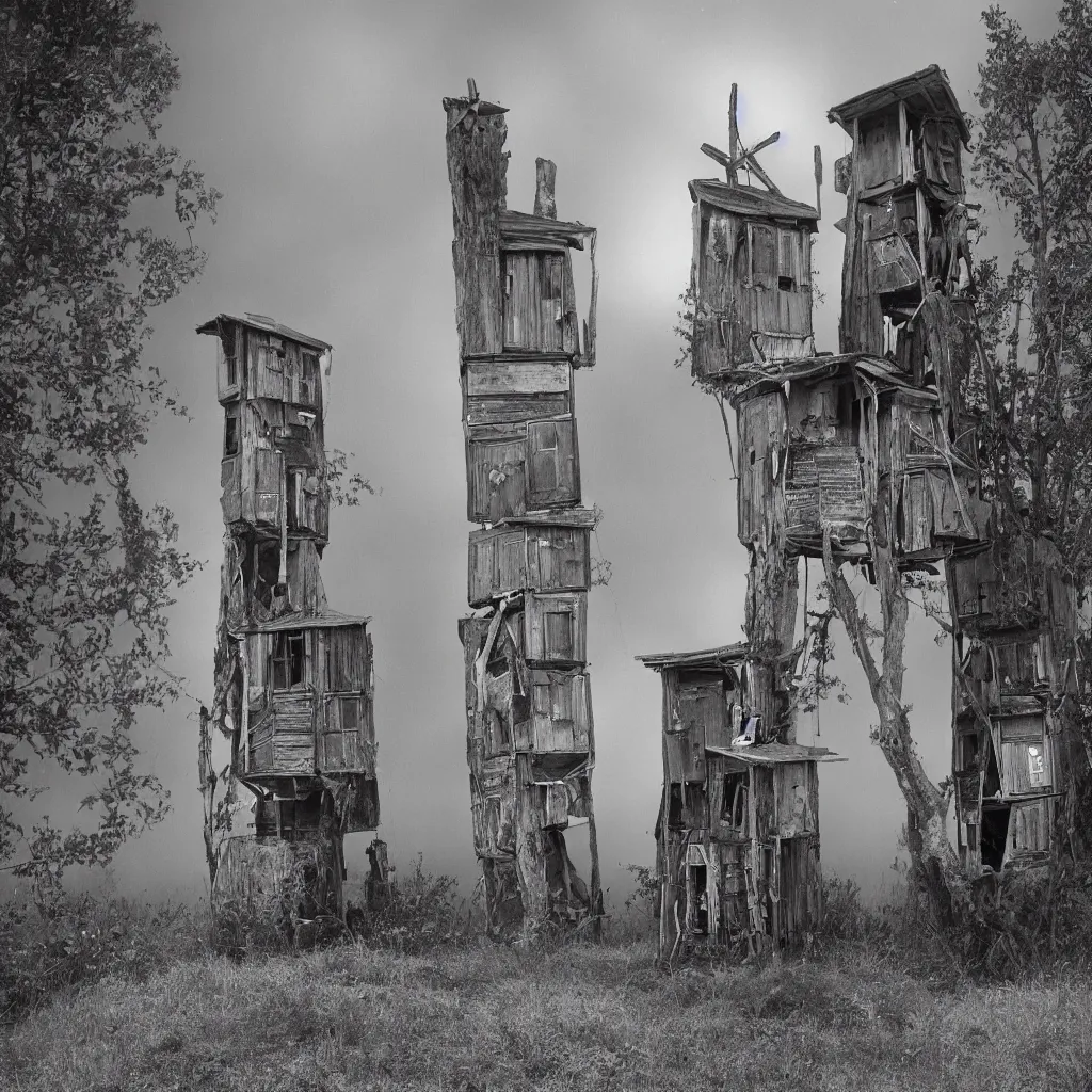 Image similar to two towers, made up of makeshift squatter shacks, misty, mamiya rb 6 7, fully frontal view, very detailed, photographed by ansel adams