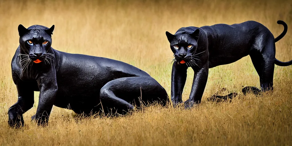 Prompt: a panther, made of smooth black goo, viscous, sticky, full of tar, covered with black goo, posing for a portrait. photography, dslr, color, savanna, wildlife photography, black goo, award winning portrait, animal portrait