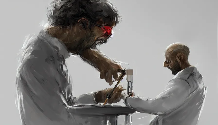 Prompt: concept art of a scientist creating a new specie in laboratory by jama jurabaev, very long shot, brush hard, artstation, high quality, brush stroke