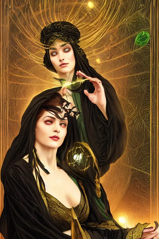 Image similar to a sorceress wearing a black robe with gold embroidery, sitting at table, casting a spell, green glows, painted by artgerm and tom bagshaw and alphonse mucha, in the style of magic the gathering, highly detailed digital art