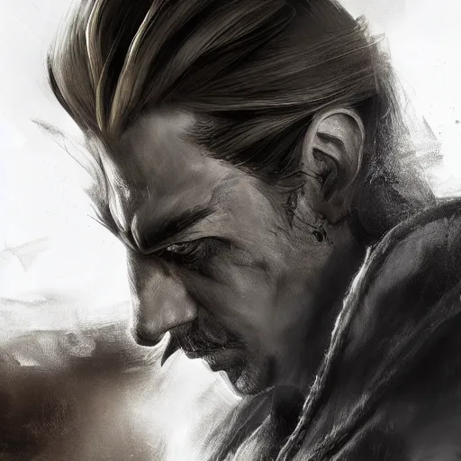 Image similar to portrait of a muscular, grim, ponytail haired blonde man in his late 30's, wearing a thick brown leather coat, looking to his side, hunter, DnD character, fantasy character, dramatic lighting, high detail, black and white digital art by Ruan Jia, Krenz Cushart, Rossdraws and Boris Vallejo