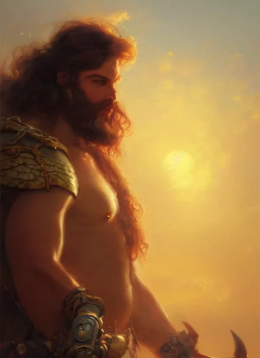 Image similar to portrait painting of a male barbarian, soft hair steampunk ornate zeppelin in the sky sunset golden hour art by greg rutkowski gaston bussiere fantasy soft hair trending on artstation deviantart book cover art concept art key art dramatic volumetric lighting, 4 k, award winning