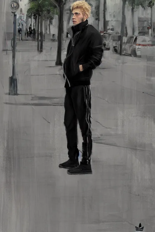 Image similar to extreme long shot. blonde russian man in white adidas pants. black jacket. sad face. staying on the street. digital painting