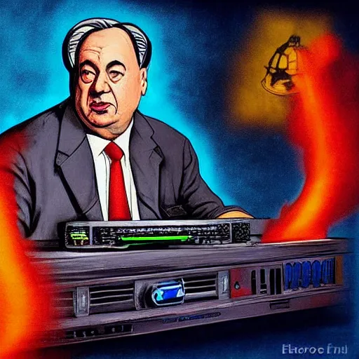 Prompt: antonio guterres as hard bass music dj, surreal, electronic hardcore music, art by angelo ferrara, edward hopper