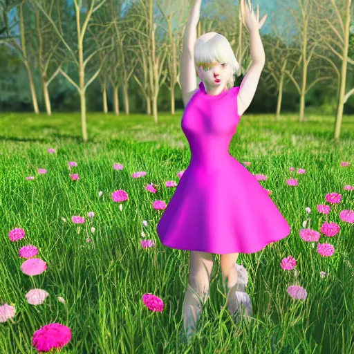 Image similar to A performance art of a young girl with blonde hair, blue eyes, and a pink dress. She is standing in a meadow with flowers and trees. raytracing, lawn green by Sailor Moon gloomy