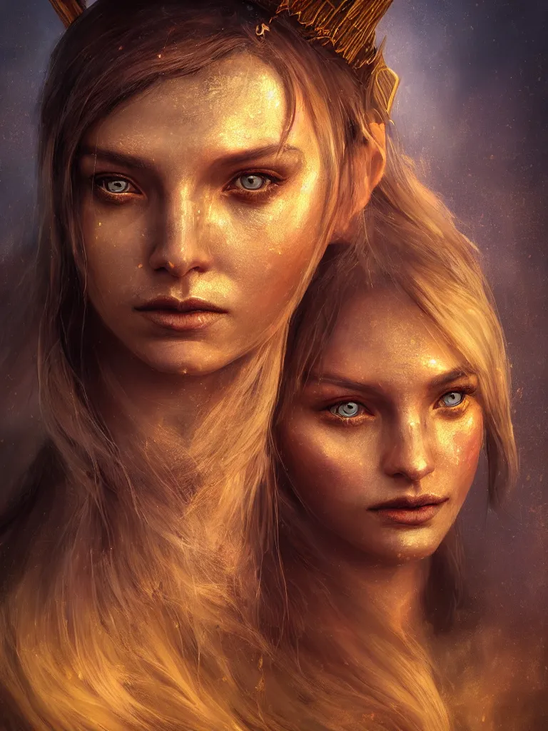 Prompt: a face portrait of a beautiful girl sorceress from skyrim, skyrim setting, close - shot, symmetrical face, warm colors, soft lighting, atmospheric, cinematic, moody, in the style of diego koi, gina heyer, luiz escanuela, art by alyssa monk, hyperrealism, rule of thirds, golden ratio, oil on canvas, 8 k