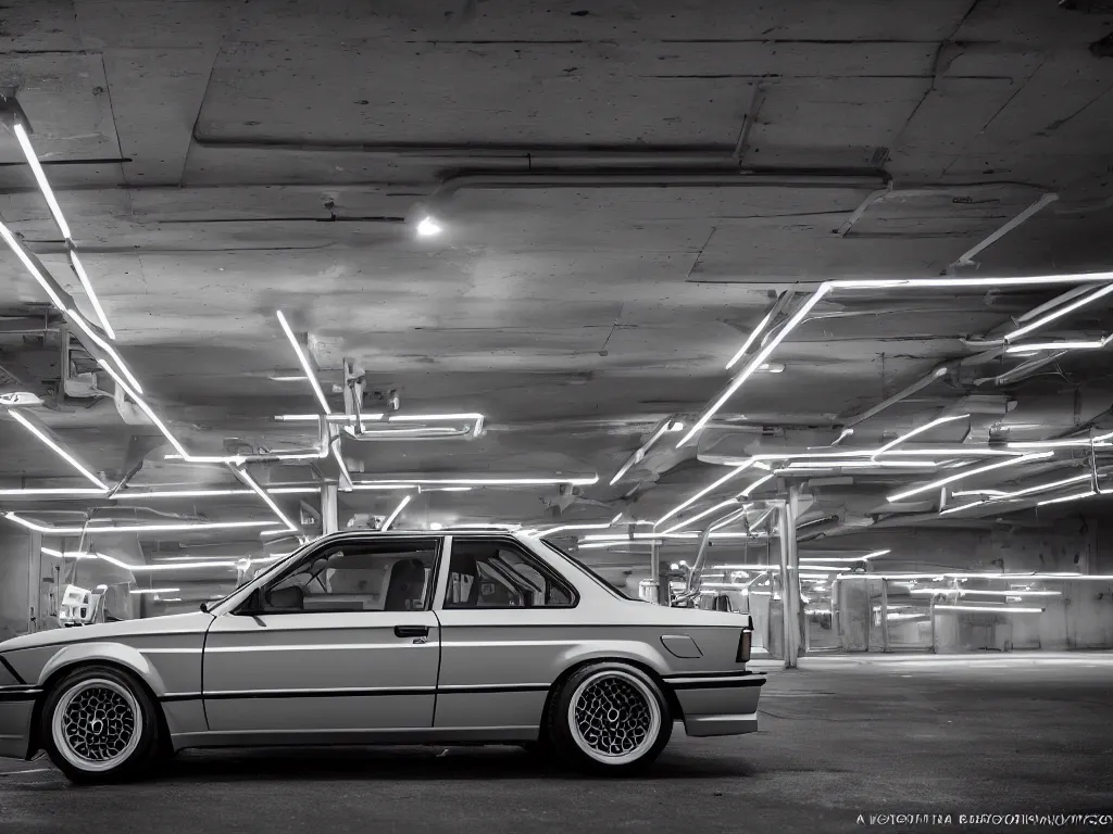 Image similar to a modified bmw e 3 0 with lights on in a futuristic neon parking garage, 3 5 mm photography, car photography, clean lines, realistic