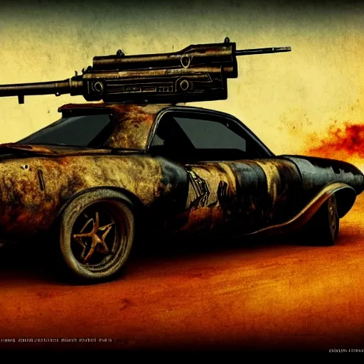 Image similar to madmax gangster vintage car supercharger and guns, artstation, fantasy
