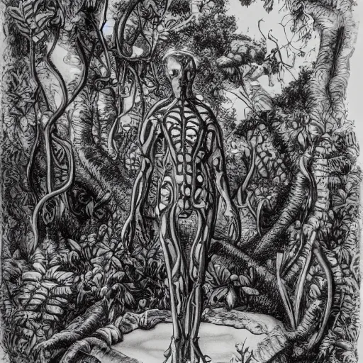 Prompt: botanical sketch of a cybernetic The thinker sculpture with mushrooms and peyote at the base, surrounded by a lush jungle and vines, high detail, b&w,