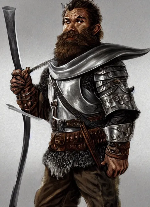 Image similar to strong young man, photorealistic bugbear ranger holding aflaming sword, black beard, dungeons and dragons, pathfinder, roleplaying game art, hunters gear, jeweled ornate leather and steel armour, concept art, character design on white background, by alan lee, norman rockwell, makoto shinkai, kim jung giu, poster art, game art